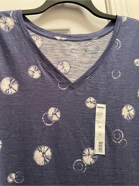 Sonoma Plus 3X  Denim Blue & White Tie-Dye V-Neck Top, New w/Tags